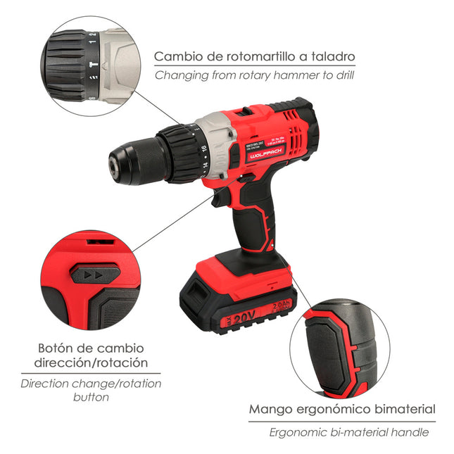 Taladro atornillador 20 v. con 2 velocidades y percutor. batería 2 ah. par apriete 50 nm