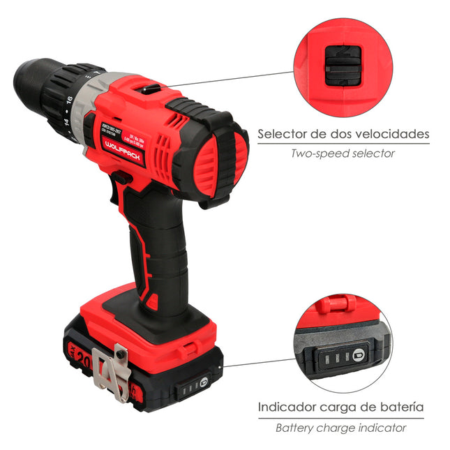 Taladro atornillador 20 v. con 2 velocidades y percutor. batería 2 ah. par apriete 50 nm