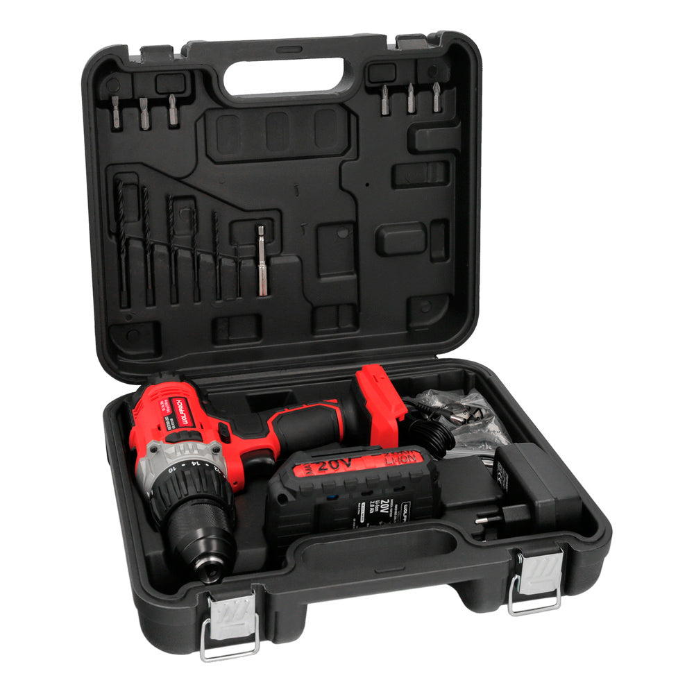 Berbequim Aparafusador de 20 V. Com 2 velocidades e percussão. Bateria de 2 Ah. Binário de 50 Nm.