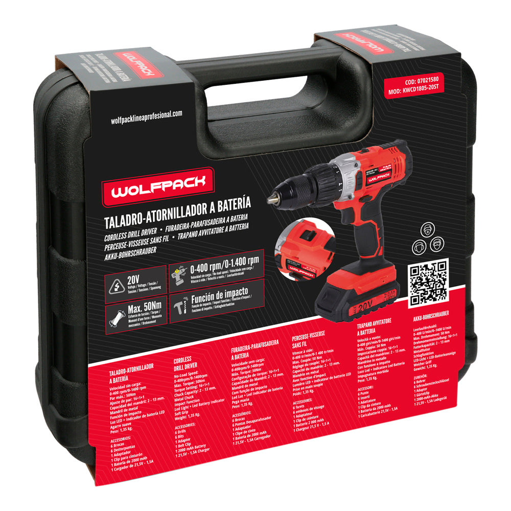 20V Hammer Drill. With 2 speeds and hammer function. 2 Ah battery. 50 Nm torque.