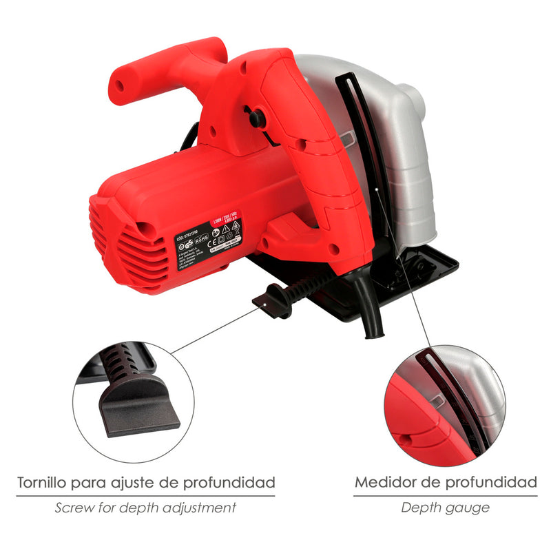Sierra circular 1300 watt. disco 185 mm. 4.800 RPM corte a inglete con regulador de profundidad. ingletadora, sierra madera