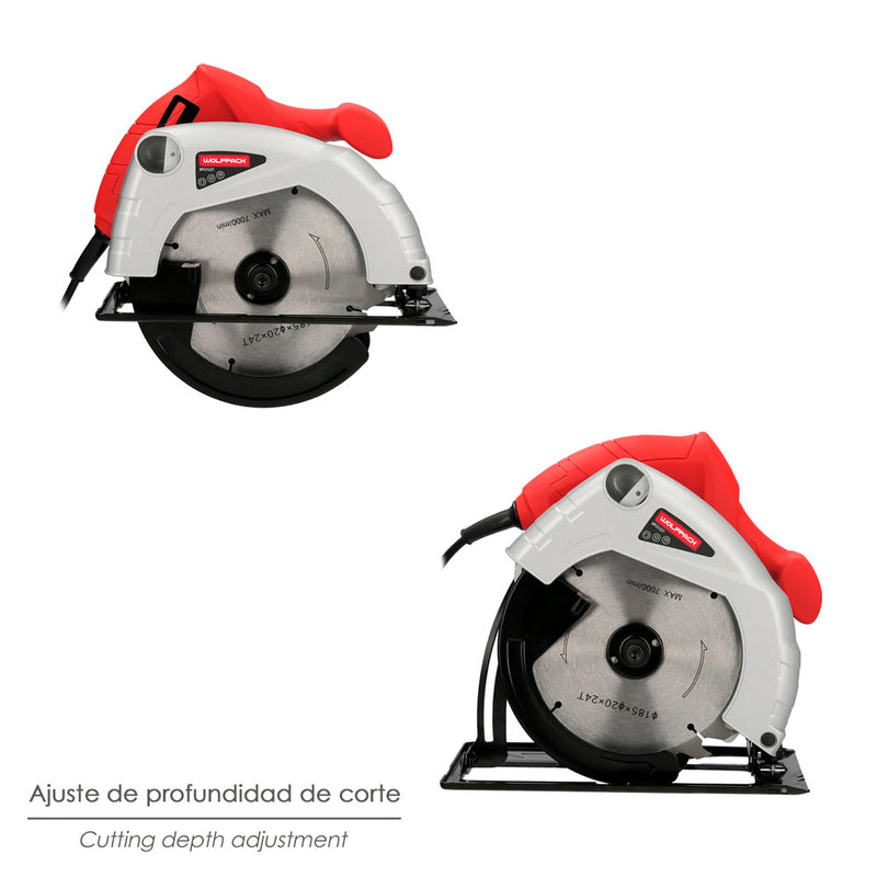 Sierra circular 1300 watt. disco 185 mm. 4.800 RPM corte a inglete con regulador de profundidad. ingletadora, sierra madera