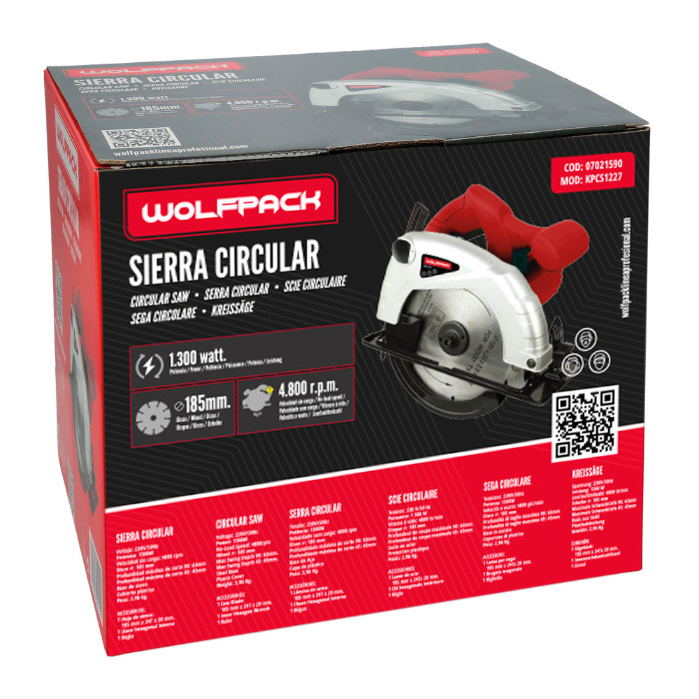1300 watt circular saw. 185 mm blade 4,800 rpm miter cut with depth adjustment. Miter saw, wood saw.