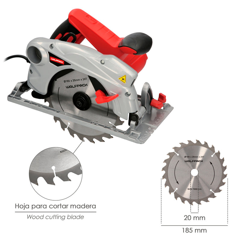 Sierra circular 1300 watt. con laser disco 185 mm. 4.700 RPM corte inglete regulador de profundidad. ingletadora, sierra madera