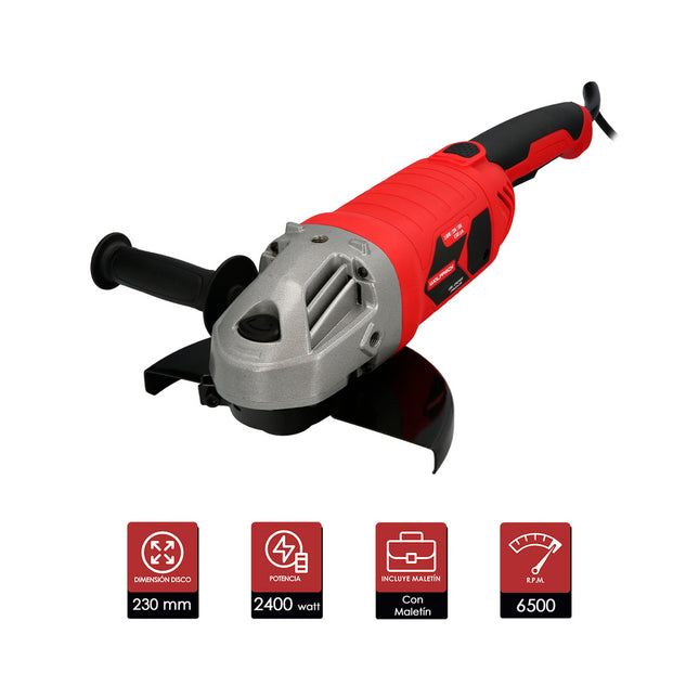 Amoladora angular 2.400 watt. disco ø 230 mm. 6.500 r.p.m. mango 3 posiciones eje M14 protector disco ajustable, anti arranque