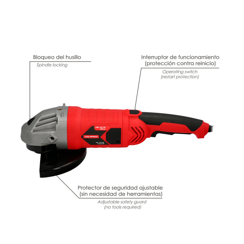 Amoladora angular 2.400 watt. disco ø 230 mm. 6.500 r.p.m. mango 3 posiciones eje M14 protector disco ajustable, anti arranque