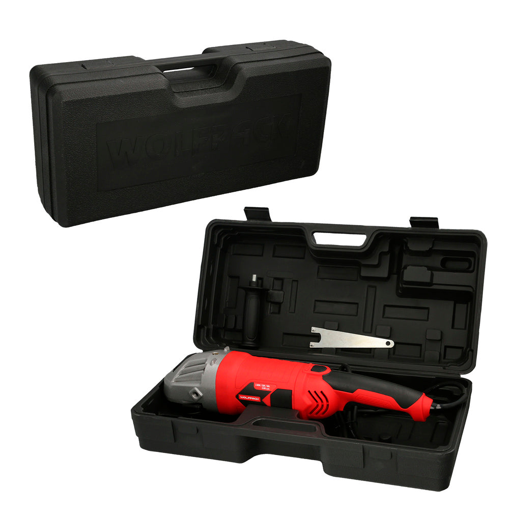2,400 W Angle grinder. 230 mm diameter disc, 6,500 rpm. 3-position handle, M14 spindle, adjustable disc guard, anti-restart.