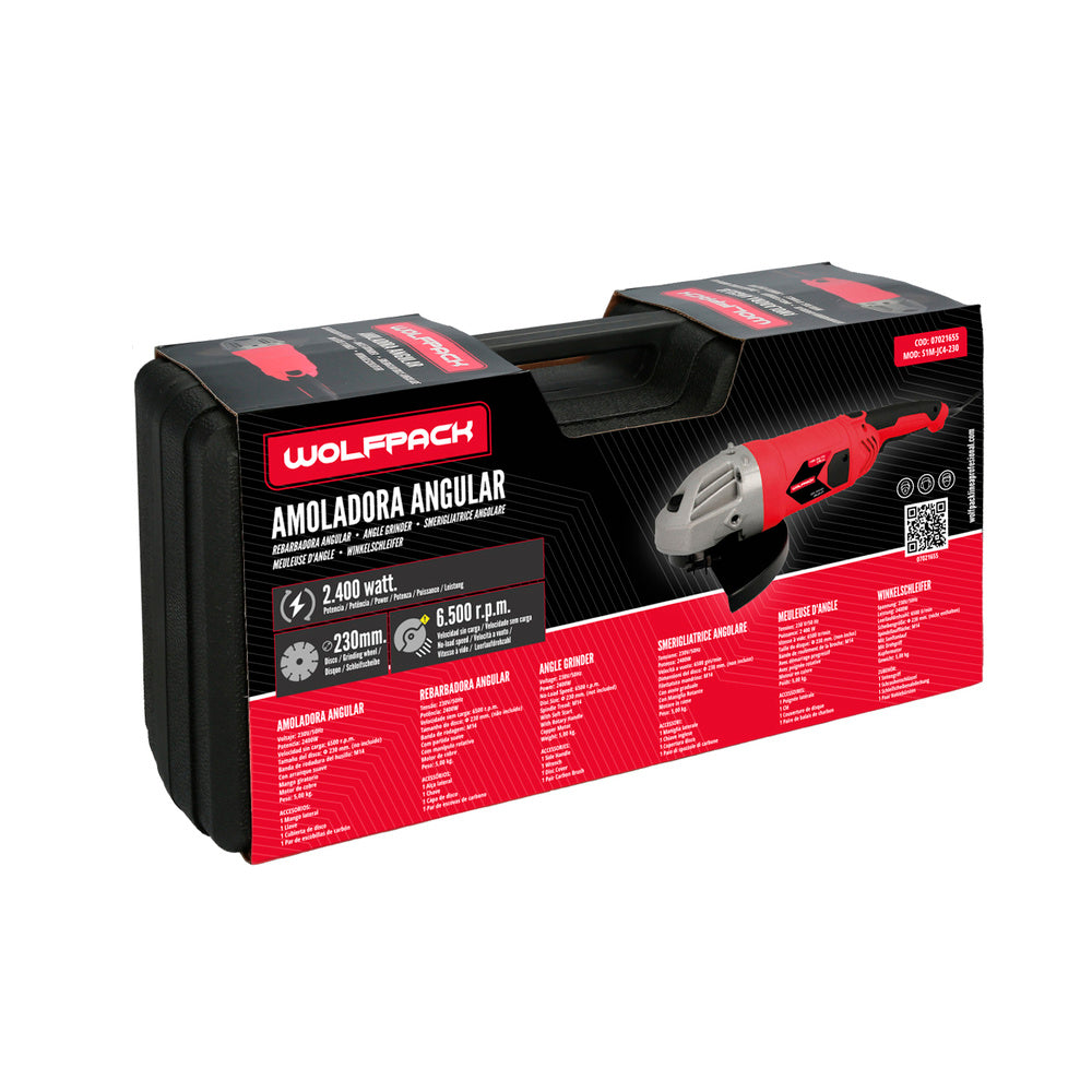 2,400 W Angle grinder. 230 mm diameter disc, 6,500 rpm. 3-position handle, M14 spindle, adjustable disc guard, anti-restart.