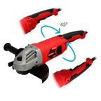 2,400 W Angle grinder. 230 mm diameter disc, 6,500 rpm. 3-position handle, M14 spindle, adjustable disc guard, anti-restart.