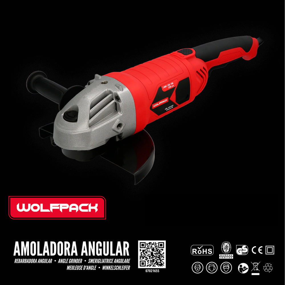 2,400 W Angle grinder. 230 mm diameter disc, 6,500 rpm. 3-position handle, M14 spindle, adjustable disc guard, anti-restart.