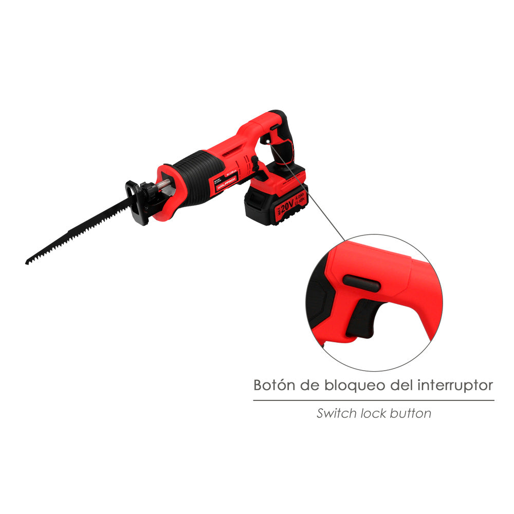 Serra sabre 20 v. Bateria 4 ah. Troca rápida de lâmina. Madeira 100 mm / aço 6 mm