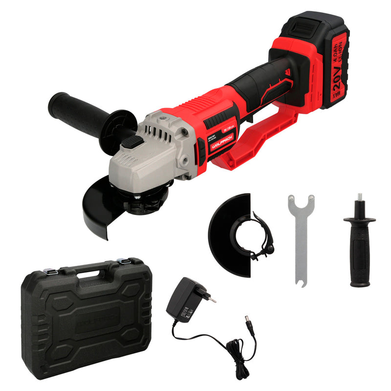 Amoladora a batería 20 volt. con batería 4.0 ah. ø 115 mm. 7.000 r.p.m. mango 3 posiciones eje M14 protector disco ajustable