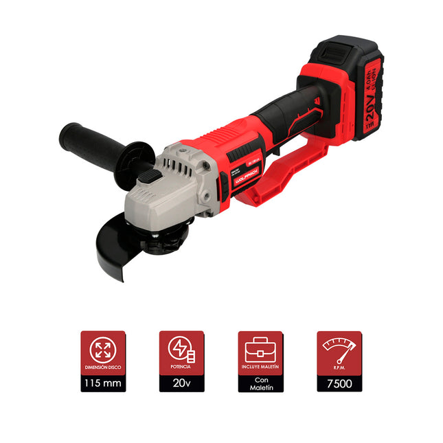 Amoladora a batería 20 volt. con batería 4.0 ah. ø 115 mm. 7.000 r.p.m. mango 3 posiciones eje M14 protector disco ajustable