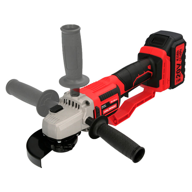 Amoladora a batería 20 volt. con batería 4.0 ah. ø 115 mm. 7.000 r.p.m. mango 3 posiciones eje M14 protector disco ajustable