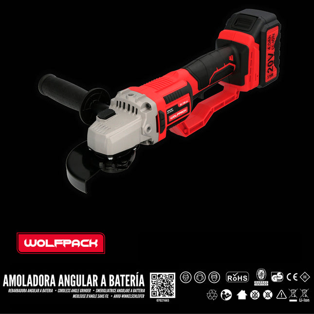 Amoladora a batería 20 volt. con batería 4.0 ah. ø 115 mm. 7.000 r.p.m. mango 3 posiciones eje M14 protector disco ajustable