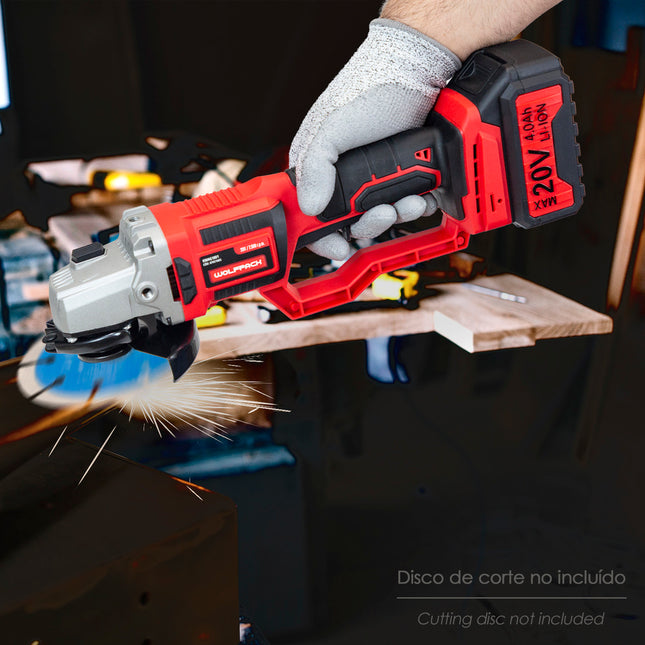 Amoladora a batería 20 volt. con batería 4.0 ah. ø 115 mm. 7.000 r.p.m. mango 3 posiciones eje M14 protector disco ajustable