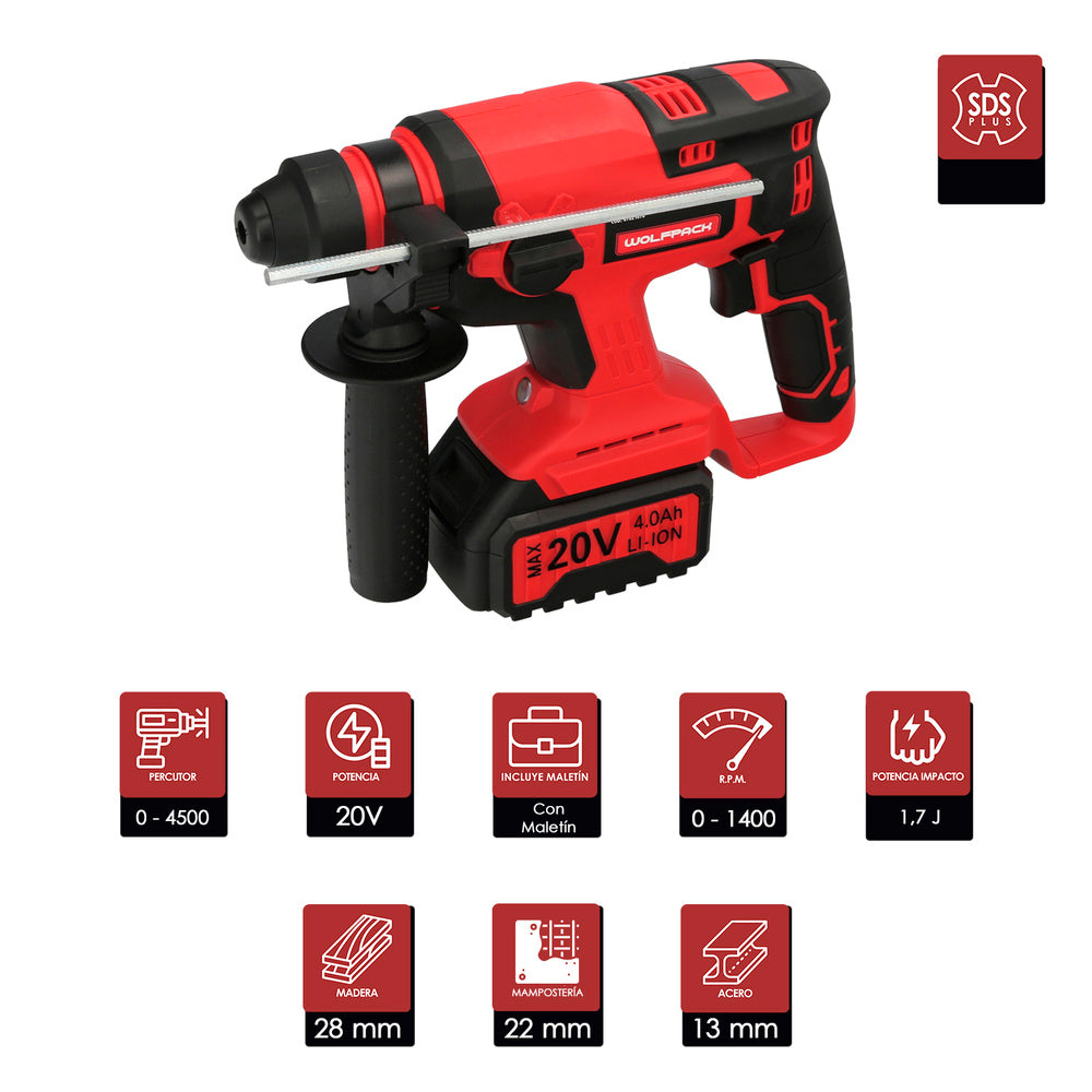 Martelo SDS Plus a bateria 20 volts. Com bateria 4.0 Ah. 1.400 r.p.m. 3 funções: cinzelar, perfurar e perfurar com martelo.