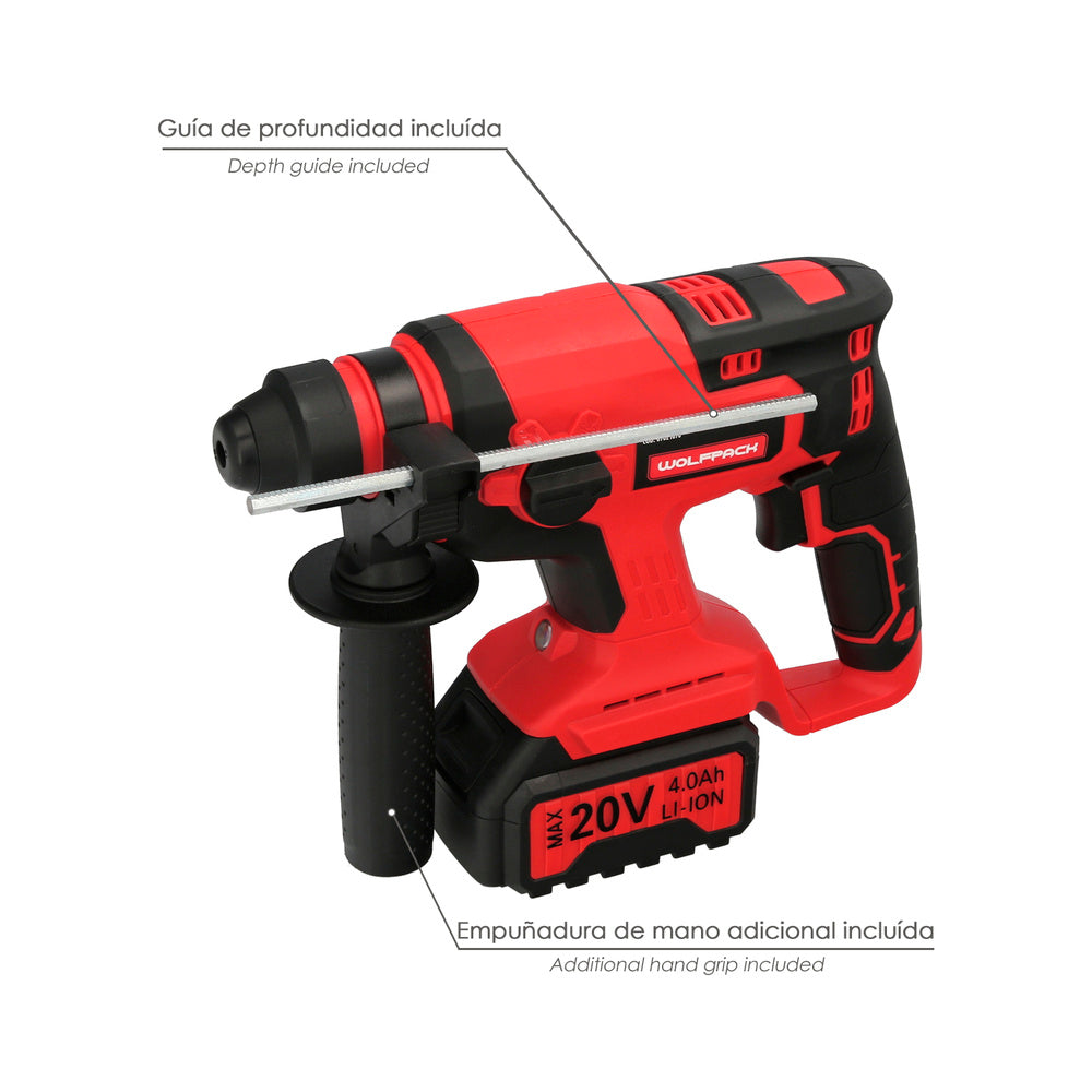 Martelo SDS Plus a bateria 20 volts. Com bateria 4.0 Ah. 1.400 r.p.m. 3 funções: cinzelar, perfurar e perfurar com martelo.