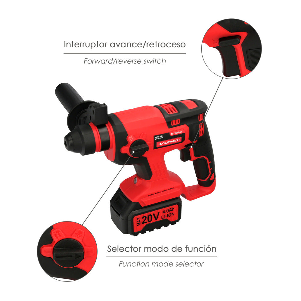 Martelo SDS Plus a bateria 20 volts. Com bateria 4.0 Ah. 1.400 r.p.m. 3 funções: cinzelar, perfurar e perfurar com martelo.