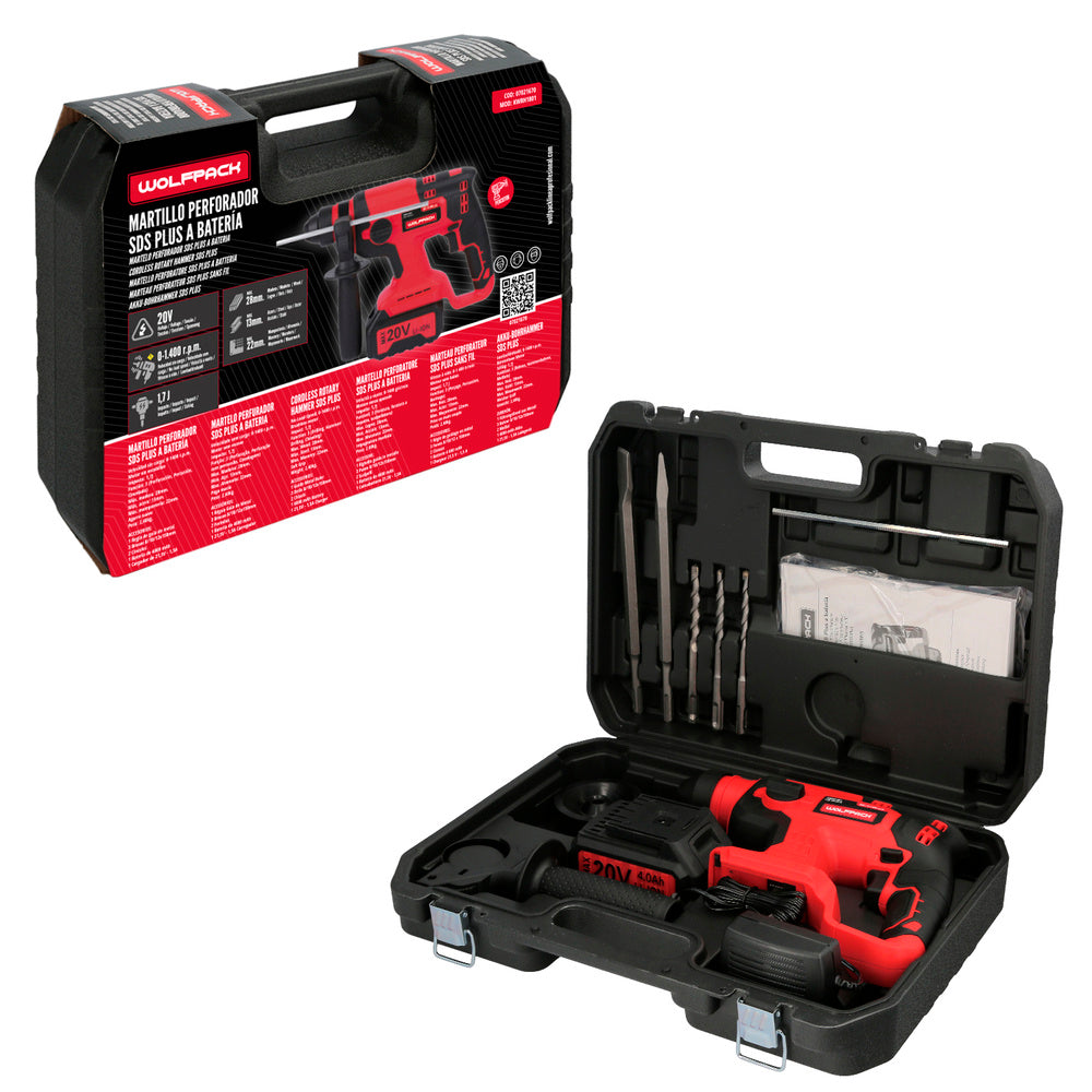 Martelo SDS Plus a bateria 20 volts. Com bateria 4.0 Ah. 1.400 r.p.m. 3 funções: cinzelar, perfurar e perfurar com martelo.