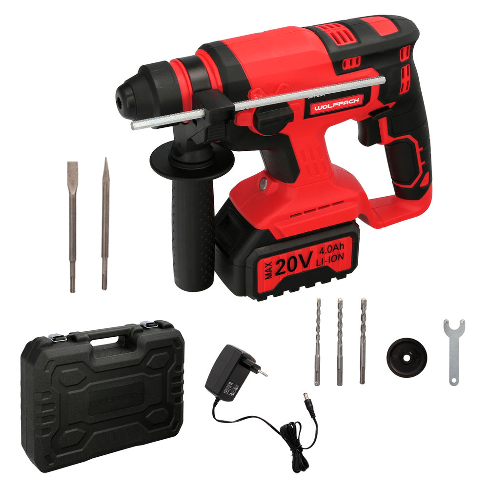 Martelo SDS Plus a bateria 20 volts. Com bateria 4.0 Ah. 1.400 r.p.m. 3 funções: cinzelar, perfurar e perfurar com martelo.