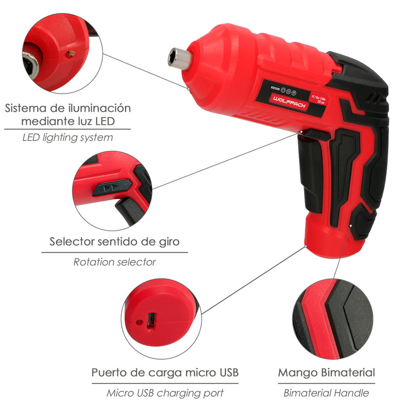 Atornillador 4 v. con LED, funda y 5 destorpuntas, batería recargable USB