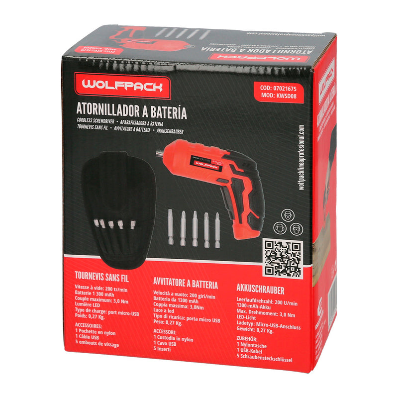 Atornillador 4 v. con LED, funda y 5 destorpuntas, batería recargable USB