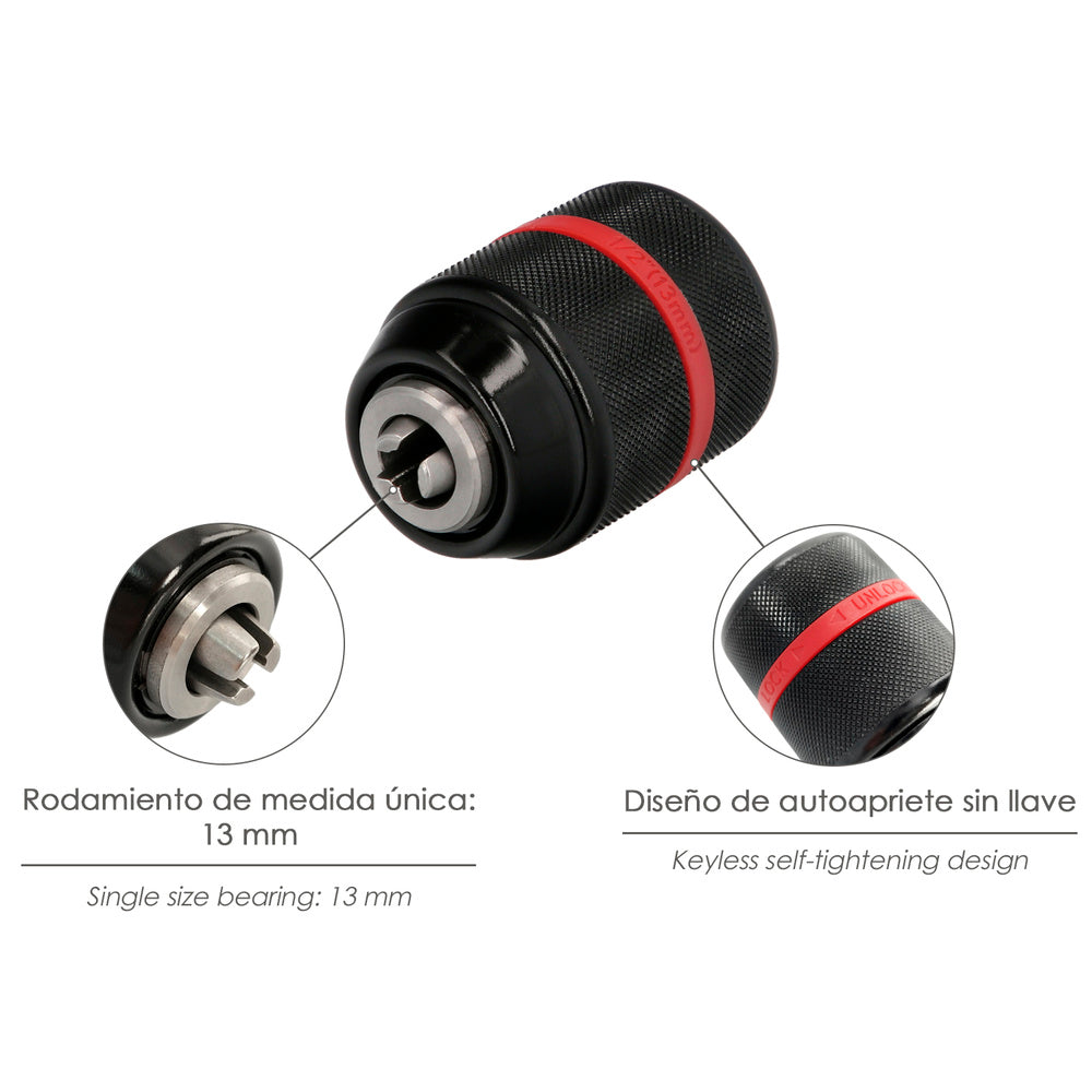 Bucha metálica sem chave 1/2" fêmea. Brocas até ø 13 mm para mandril de berbequim