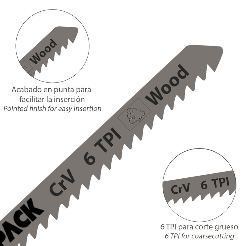 Hojas sierra calar para contrachapado corte grueso 5 piezas. hoja cromo vanadio 58. vastago t universal