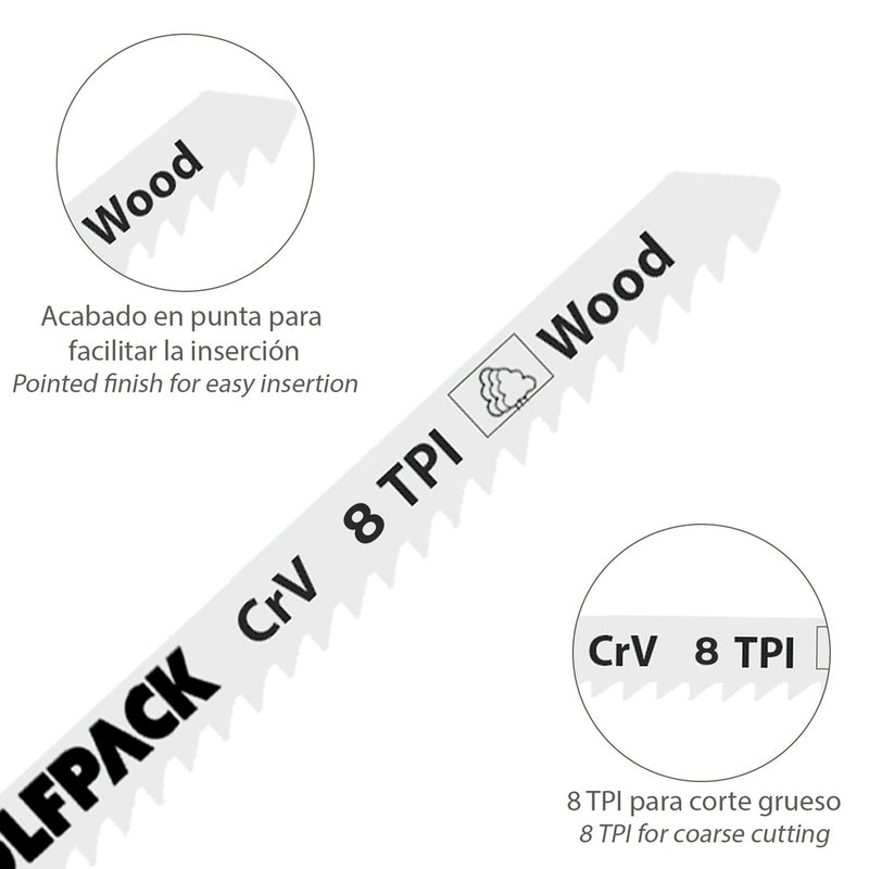 Hojas larga sierra calar para madera corte medio 5 piezas. hoja cromo vanadio 58. vastago t universal
