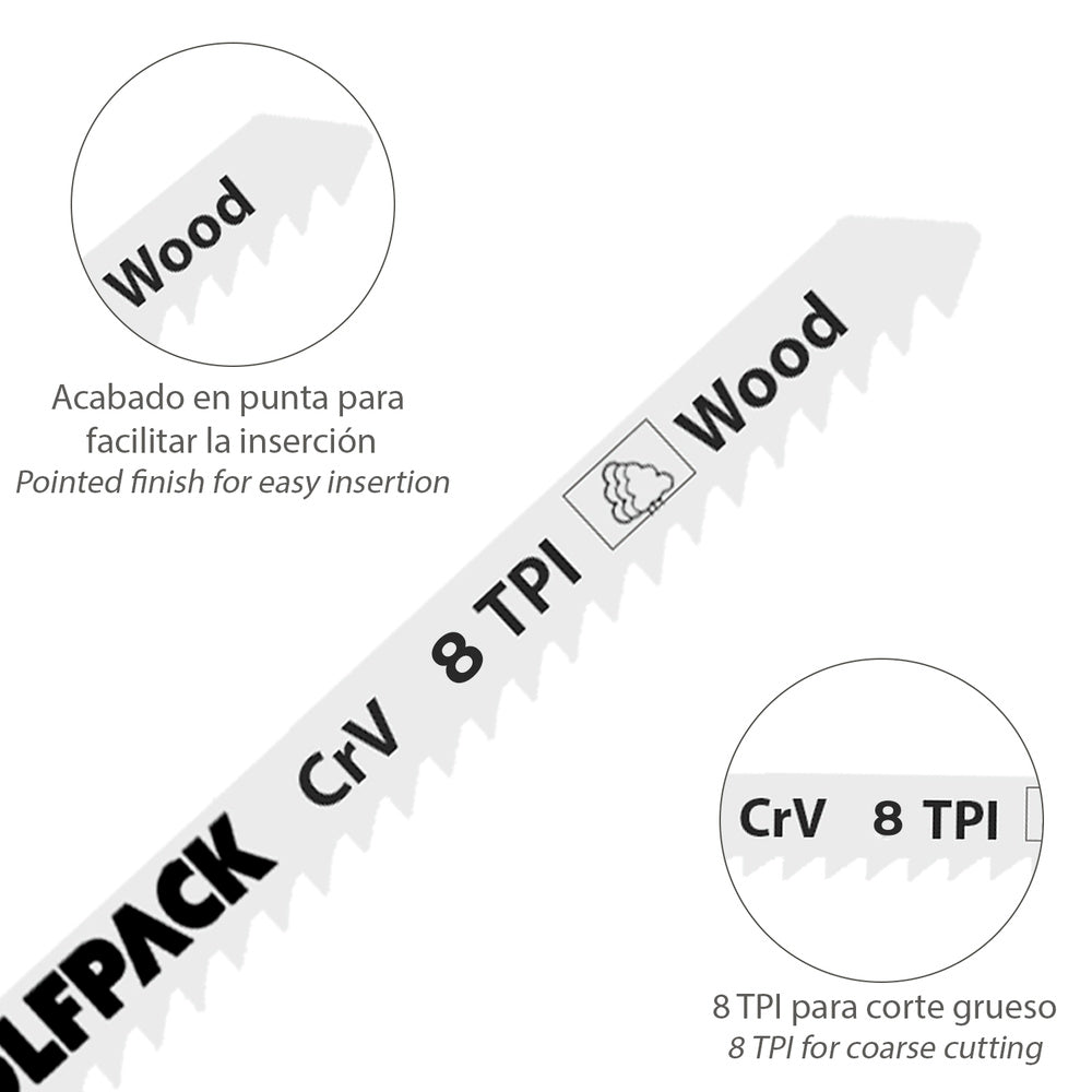 Long jigsaw blades for wood, medium cut, 5 pieces. Chrome vanadium blade 58. Universal T-shank