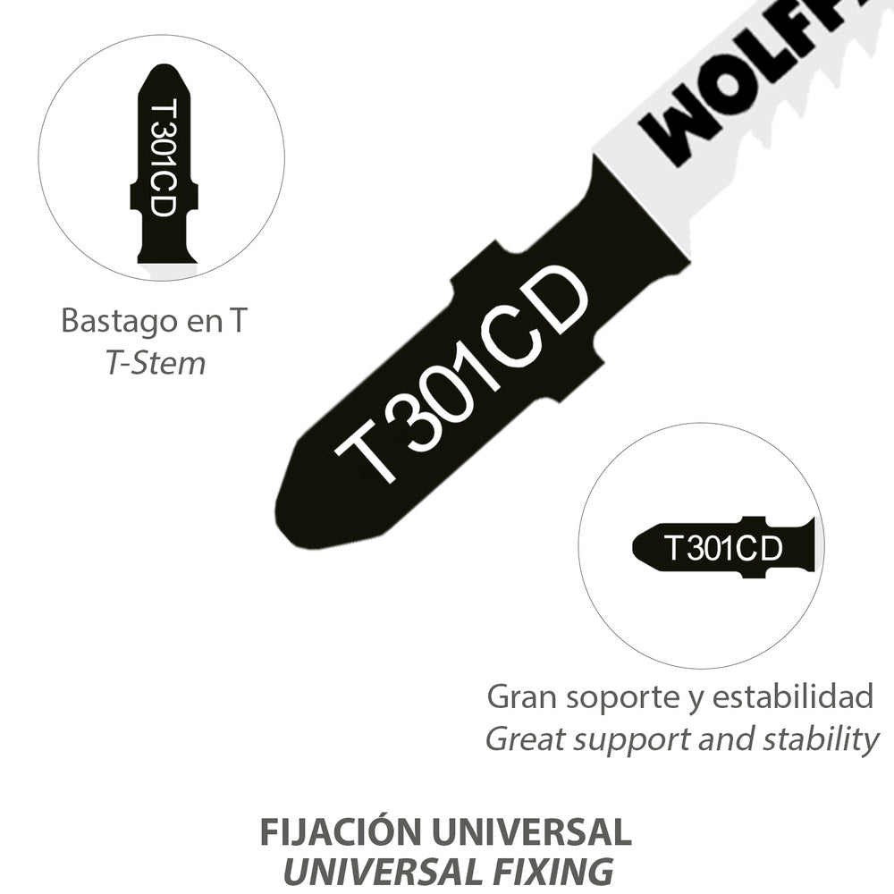 Long jigsaw blades for wood, medium cut, 5 pieces. Chrome vanadium blade 58. Universal T-shank
