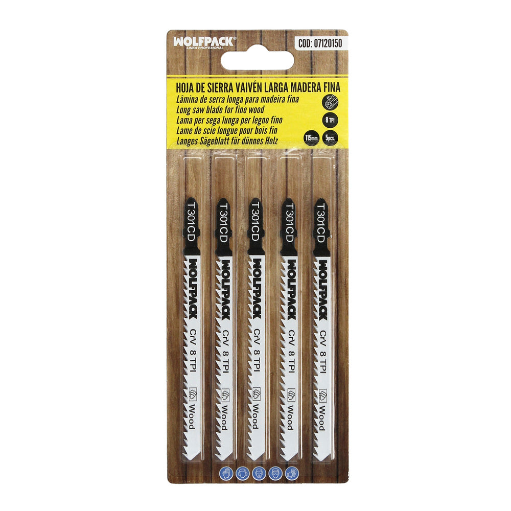 Long jigsaw blades for wood, medium cut, 5 pieces. Chrome vanadium blade 58. Universal T-shank