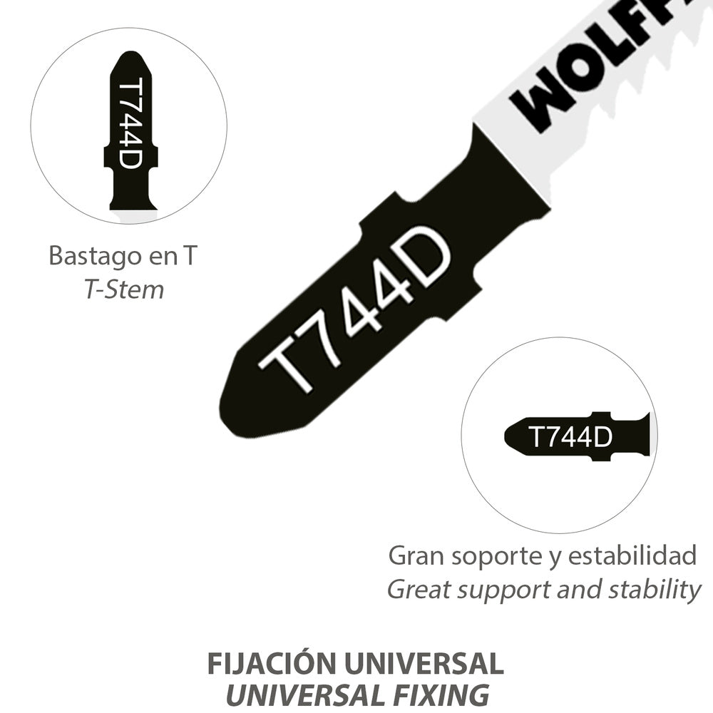 Long jigsaw blade for thick wood cutting, 5 pieces. Chromium-vanadium blade 58. Universal T-shank.