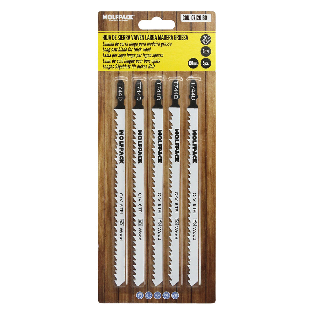 Hoja larga sierra calar para madera corte grueso 5 piezas. Hoja cromo vanadio 58. Vástago t universal.