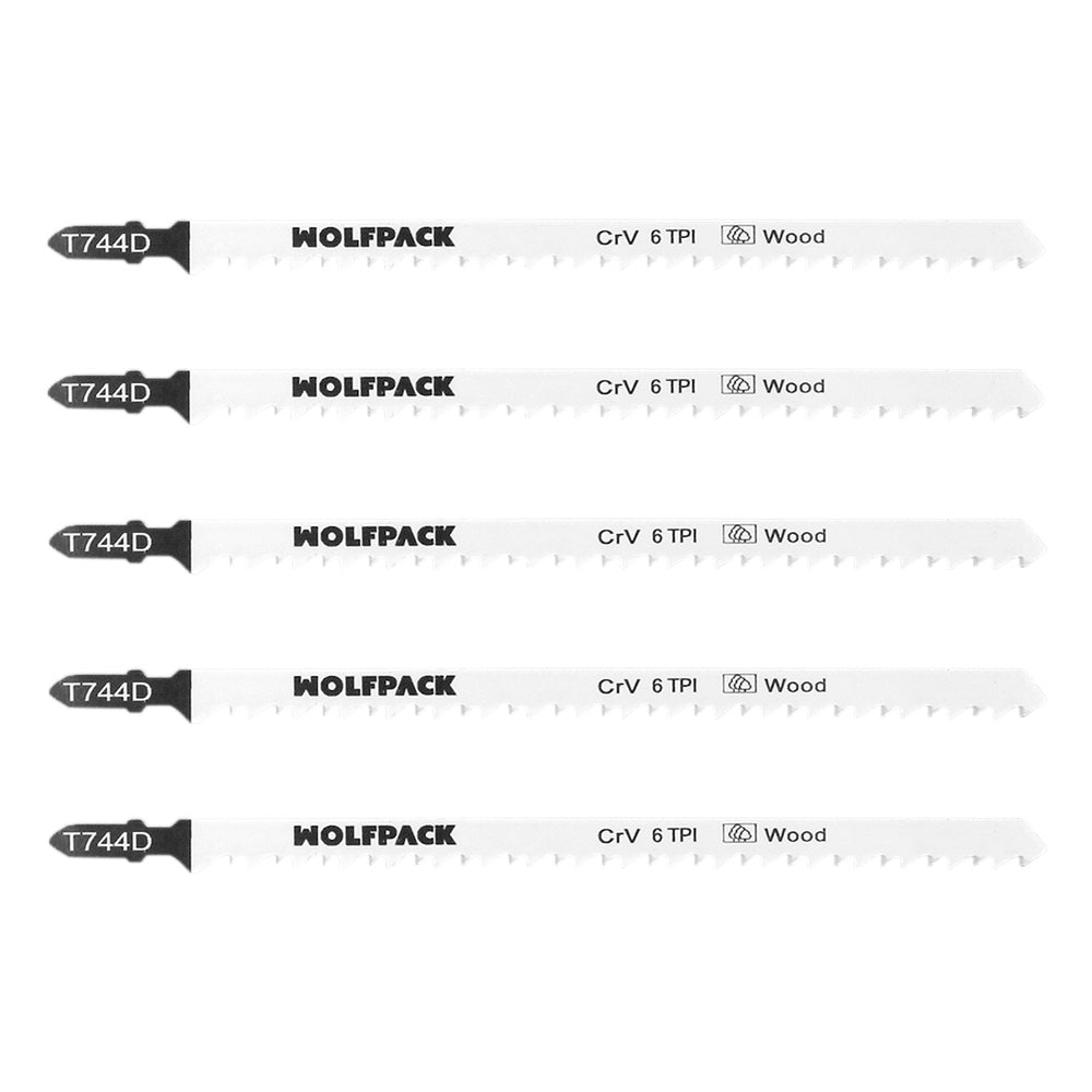 Long jigsaw blade for thick wood cutting, 5 pieces. Chromium-vanadium blade 58. Universal T-shank.