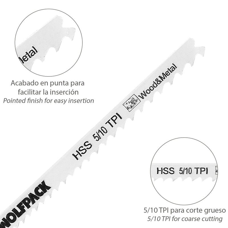 Hoja larga sierra calar para madera / metal / plástico corte medio/grueso 5 piezas. hoja cromo vanadio 58. vastago t universal