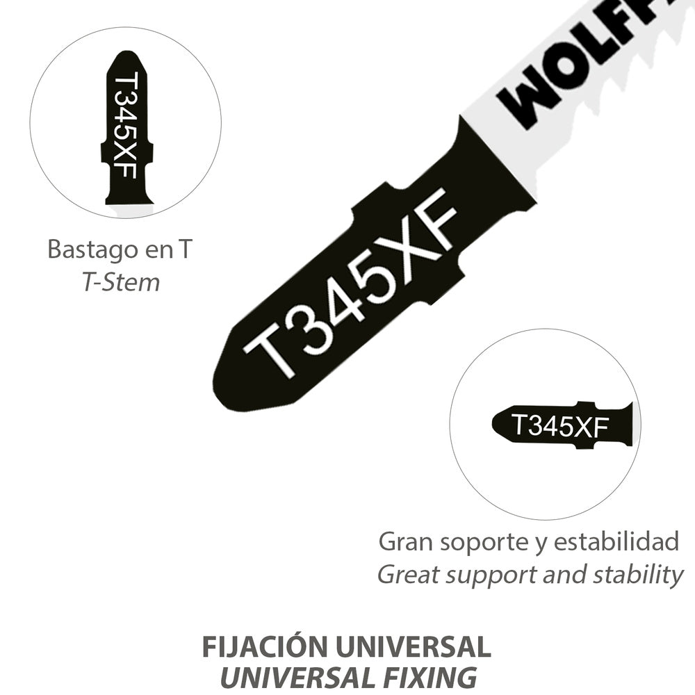 Jigsaw blade for wood / metal / plastic, medium/thick cut, 5 pieces. Chrome vanadium blade 58. Universal T-shank.