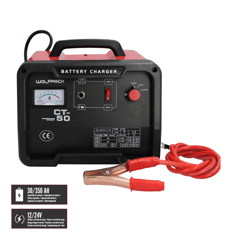 Charges 12/24V 30-350Ah batteries with jump starter