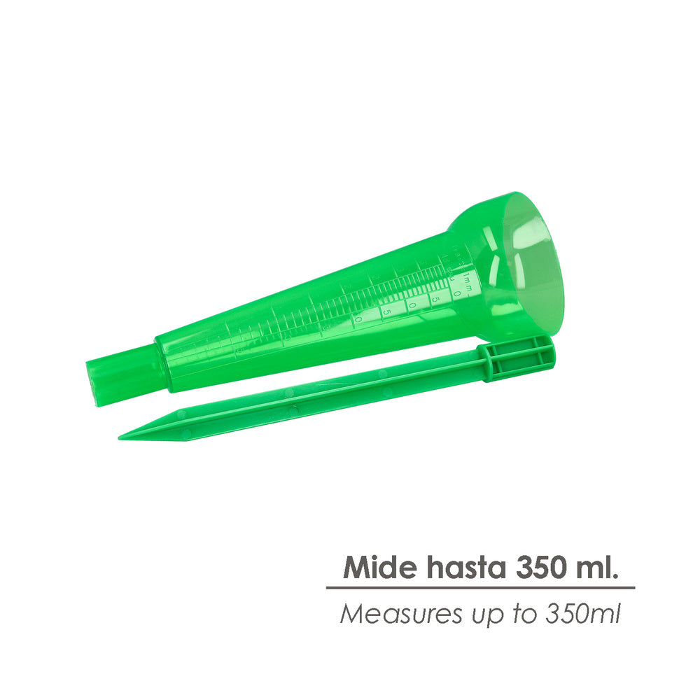 Pluviómetro plástico verde 350 ml. Con piqueta. Medidor lluvia, monitorizar las precipitaciones jardín exteriores