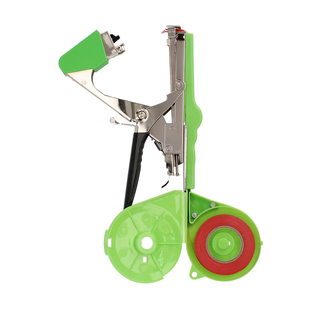Agricultural tying machine for trellising with tape, staples, blade, and spring