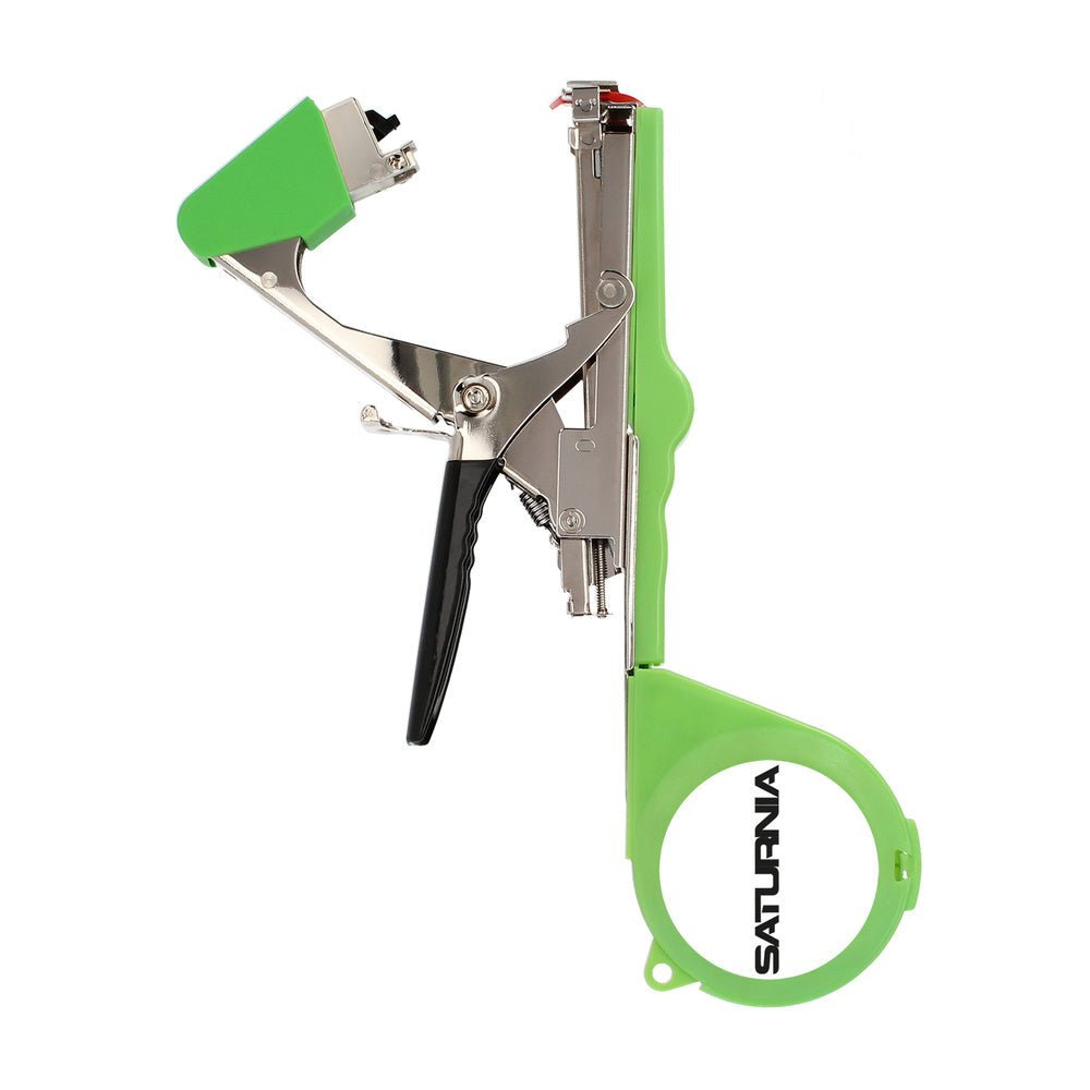 Agricultural tying machine for trellising with tape, staples, blade, and spring