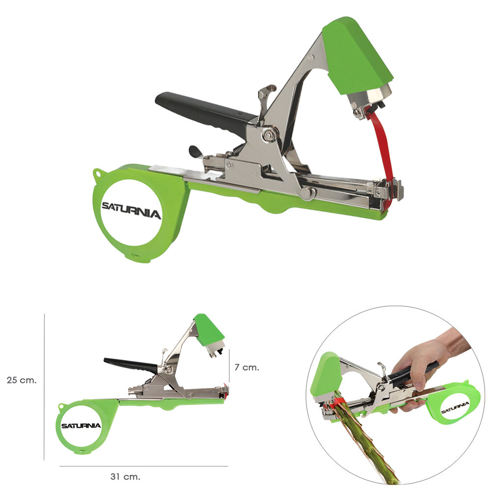 Agricultural tying machine for trellising with tape, staples, blade, and spring
