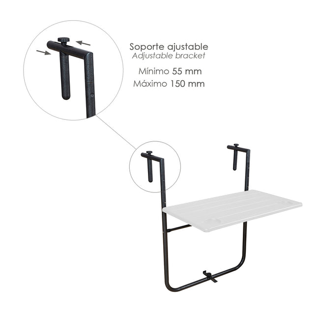 Mesa plegable colgante para balcones / terrazas 36x60 cm. altura regulable