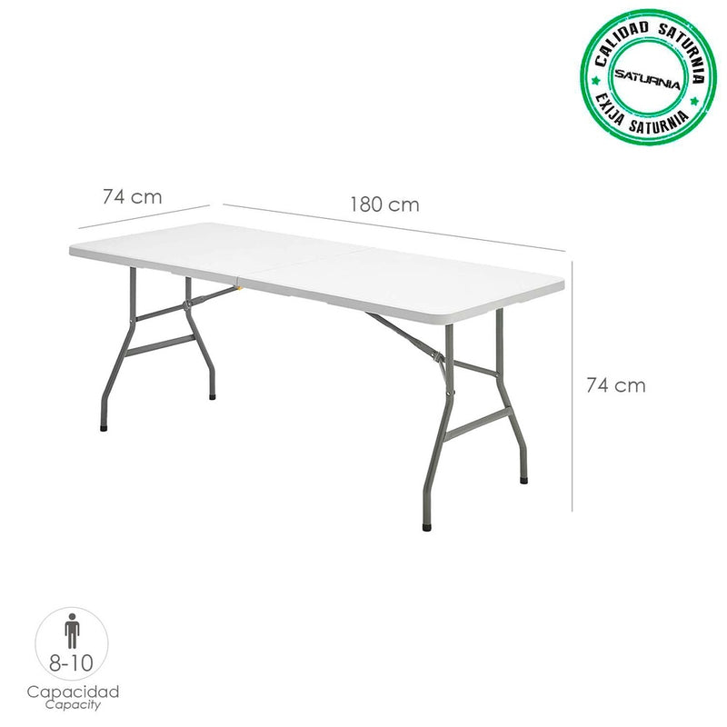 Mesa plegable rectangular HDPE multifuncional, portatil, resistente,multiusos 180x74x74 cm. color blanco