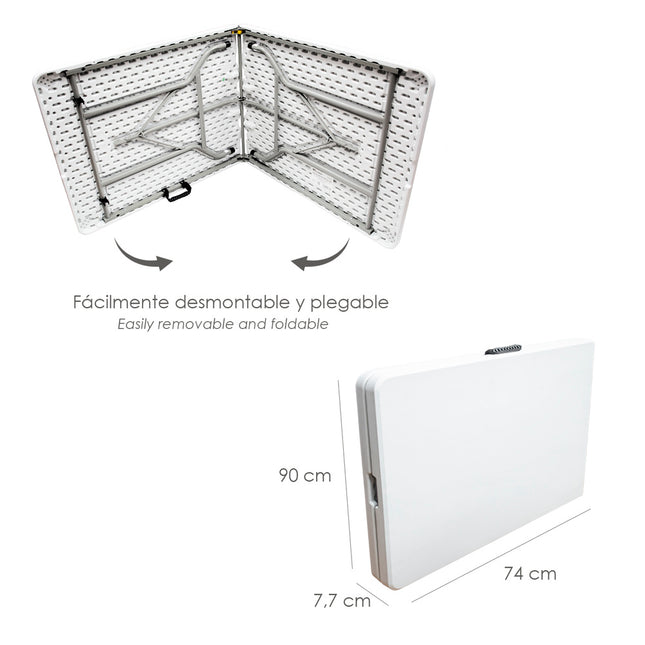 Mesa plegable rectangular HDPE multifuncional, portatil, resistente,multiusos 180x74x74 cm. color blanco