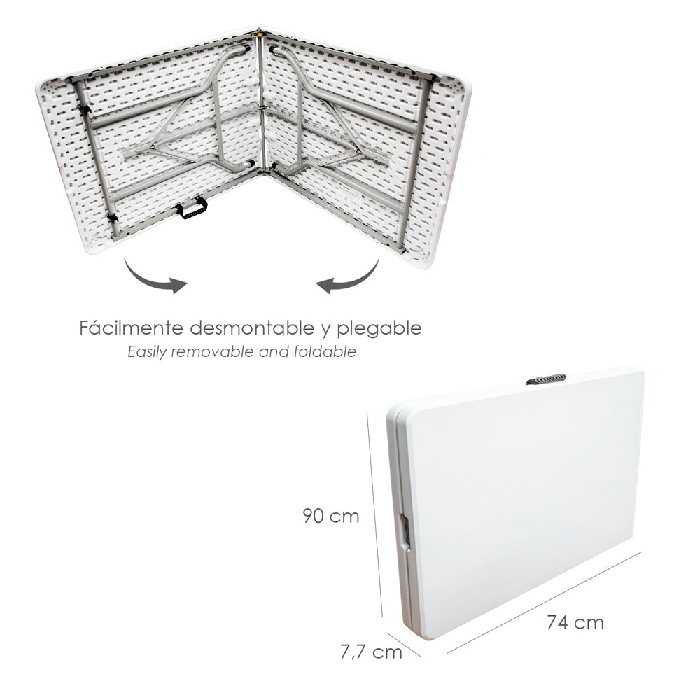 Rectangular HDPE multi-purpose folding table, portable, durable, multi-use 180x74x74 cm white