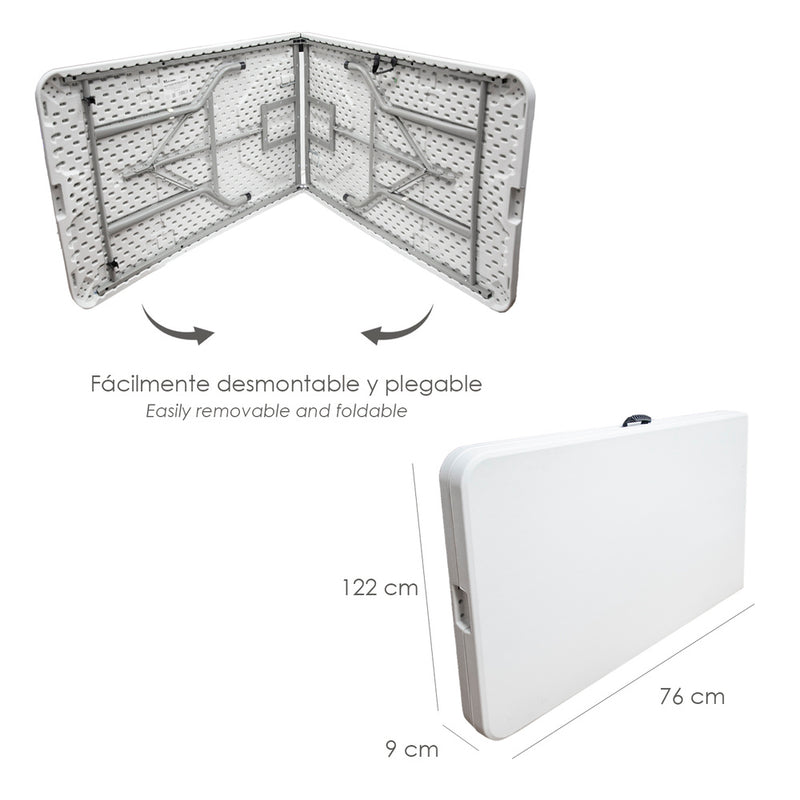 Mesa plegable rectangular HDPE 244x76x74 cm. color blanco