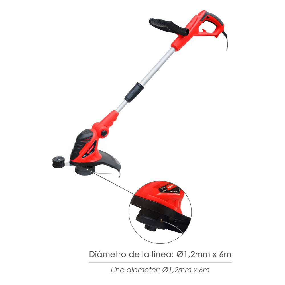 Recortabordes eléctrico 550 watt. 10.000 r.p.m. Anchura corte ø 30 cm hilo ø 1,6 mm x 6 metros. Recorta bordes, cortabordes