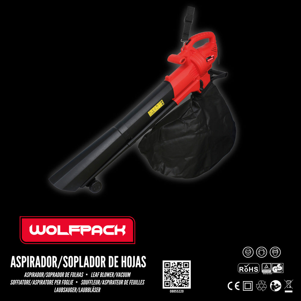 Aspirador soplador eléctrico de hojas jardín 3.000 watt. Velocidad aire: 270 km/h. Aspirador / soplador / triturador des hojas